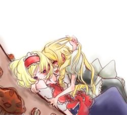 Rule 34 | alice margatroid, aria (opera), bad id, bad pixiv id, bare shoulders, blush, floor, food, hairband, hand on floor, hand on shoulder, holding, holding own hair, kirisame marisa, lolita hairband, looking at another, muffin, open mouth, pinned, tagme, touhou, white background, yuri