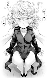 Rule 34 | 1girl, absurdres, arms at sides, black dress, black footwear, blush, breasts, closed mouth, curly hair, dress, full body, greyscale, hair between eyes, hands on another&#039;s shoulders, heart, highres, looking at viewer, mogudan, monochrome, one-punch man, pov, pov hands, short hair, small breasts, smile, solo focus, standing, tatsumaki, thick thighs, thighs, wide hips