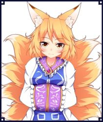 Rule 34 | 1girl, animal ears, animated, animated png, black border, blonde hair, border, fox ears, fox tail, hands in opposite sleeves, huge filesize, kuroleo, light smile, long sleeves, looking at viewer, md5 mismatch, multiple tails, no headwear, own hands together, short hair, simple background, solo, tabard, tail, touhou, ugoira, upper body, white background, yakumo ran, yellow eyes