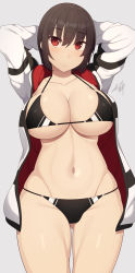 1girl arms_behind_back arms_up bikini black_bikini blush breasts brown_hair cleavage closed_mouth collarbone commentary_request covered_erect_nipples cowboy_shot gluteal_fold groin hair_between_eyes highres jacket large_breasts long_sleeves looking_at_viewer midriff navel open_clothes open_jacket original red_eyes samegami short_hair sidelocks signature simple_background skindentation solo standing swimsuit underboob white_background white_jacket