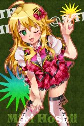 Rule 34 | 1girl, ;d, ahoge, blonde hair, blush, bow, breasts, character name, green eyes, hair bow, hair ornament, highres, hoshii miki, idolmaster, idolmaster (classic), leaning, long hair, motiking, nail polish, one eye closed, open mouth, plaid, plaid skirt, skirt, smile, solo, thighhighs, white thighhighs, wink