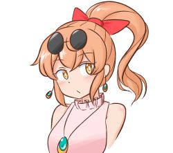 Rule 34 | 1girl, :/, alternate hairstyle, bare shoulders, blush, bow, cropped torso, drop earrings, earrings, eyewear on head, high ponytail, highres, jewelry, looking at viewer, mizusoba, necklace, no headwear, ponytail, solo, sunglasses, touhou, upper body, yellow eyes, yorigami jo&#039;on