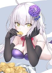 Rule 34 | 1girl, ahoge, black gloves, blush, breasts, chips (food), cleavage, eating, elbow gloves, fate/grand order, fate (series), food, gloves, hair between eyes, hair ornament, head rest, highres, jeanne d&#039;arc (fate), jeanne d&#039;arc alter (avenger) (fate), jeanne d&#039;arc alter (avenger) (third ascension) (fate), jeanne d&#039;arc alter (fate), long hair, looking at viewer, lying, neck ribbon, official alternate costume, on stomach, potato chips, red eyes, ribbon, solo, yamamura umi, yellow eyes