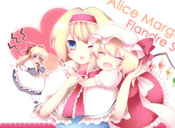 Rule 34 | 2girls, alice margatroid, apron, bad id, bad pixiv id, blue eyes, blush, bow, capelet, character name, crystal, doll, closed eyes, fang, female focus, flandre scarlet, hairband, hat, hat bow, jealous, long hair, multiple girls, one eye closed, open mouth, pantyhose, puffy sleeves, sanotsuki, sash, shanghai doll, short hair, short sleeves, side ponytail, touhou, wings, wink