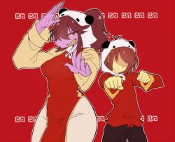 Rule 34 | 1girl, 1other, alternate hairstyle, animal hood, antenna hair, breasts, brown hair, brown pants, clenched hands, closed mouth, colored sclera, colored skin, deltarune, fingernails, foreshortening, furry, furry female, grin, hands up, height difference, hood, hood up, hoodie, komugiko (bitte komu), kris (deltarune), long sleeves, medium breasts, medium hair, no eyes, orange trim, outline, panda hood, pants, ponytail, purple eyes, purple skin, red background, red hoodie, reptile girl, ringed eyes, shaded face, sharp fingernails, sharp teeth, short hair, sidelocks, smile, standing, susie (deltarune), teeth, v-shaped eyebrows, vocaloid, white hood, white outline, yellow sclera, yellow skin, yellow sleeves, yellow teeth, yi er fan club (vocaloid)