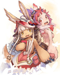 Rule 34 | 2girls, akefumi, alternate universe, animal ears, back-to-back, blunt bangs, book, furry, goggles, goggles on head, helmet, highres, holding hands, made in abyss, mitty (made in abyss), mitty (made in abyss) (furry), multiple girls, nanachi (made in abyss), open mouth, red eyes, red hair, sidelocks, tail, topless, whiskers, white hair, yellow eyes