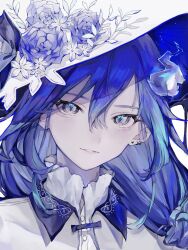 Rule 34 | 1boy, aqua hair, black ribbon, blue flower, blue rose, capelet, collared capelet, downer witch (vocaloid), dress shirt, earrings, flower, frilled shirt collar, frills, hair between eyes, hair bun, hair over shoulder, hat, hat flower, highres, hitodama, holostars, jewelry, liquid clothes, long hair, looking at viewer, low-tied long hair, male focus, minase rio, multicolored hair, nekome toworu, official art, parted lips, purple eyes, purple hair, ribbon, rose, shirt, simple background, solo, streaked hair, upper body, virtual youtuber, vocaloid, white background, white capelet, white hat, white shirt, witch hat