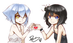 Rule 34 | 2girls, bare shoulders, black dress, black hair, blue eyes, camisole, creature, dress, flat chest, heart, heart hands, heart hands duo, looking at viewer, multiple girls, original, pas (paxiti), pilo, short hair, signature, simple background, smile, spaghetti strap, upper body, white background, white dress, white hair, wrist cuffs, yami shoujo, yellow eyes