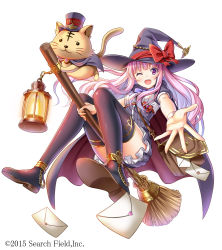 Rule 34 | 1girl, ;d, bag, black thighhighs, boots, bow, broom, broom riding, cape, cat, envelope, hat, hat bow, highres, lantern, official art, one eye closed, open mouth, original, outstretched arm, purple eyes, short sleeves, shoulder bag, simple background, smile, solo, thigh boots, thighhighs, violetshit, white background, witch hat