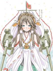 Rule 34 | 10s, 1girl, alternate hair length, alternate hairstyle, bare shoulders, blue eyes, brown hair, detached sleeves, eyebrows, hair tubes, hairband, headgear, hiei (kancolle), japanese clothes, kantai collection, long hair, looking at viewer, personification, ribbon-trimmed sleeves, ribbon trim, skirt, sleeves past wrists, smile, solo, tsukineko