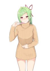 Rule 34 | 1girl, absurdres, aged up, alternate costume, alternate hairstyle, brown sweater, commentary, delutaya, diagonal bangs, english commentary, green hair, hand on own stomach, head tilt, highres, holding, indie virtual youtuber, looking at viewer, marieru, no pants, ponytail, pregnancy test, red eyes, simple background, smile, solo, sweater, turtleneck, turtleneck sweater, virtual youtuber, white background