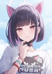 Rule 34 | 1girl, animal ears, animal print, black hair, black mask, blue archive, blunt bangs, blush, cat ears, cat print, colored inner hair, earclip, earrings, extra ears, halo, highres, jewelry, kazusa (band) (blue archive), kazusa (blue archive), light smile, looking at viewer, mask, mask pull, mouth mask, multicolored hair, official alternate costume, pink hair, red eyes, shirt, short hair, solo, stud earrings, two-tone hair, upper body, white shirt, wristband, yonai34