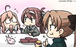 Rule 34 | 3girls, :d, ahoge, akigumo (kancolle), asagumo (kancolle), blue neckwear, brown eyes, brown hair, rabbit, commentary, dated, flying sweatdrops, food, food on face, glasses, hamu koutarou, highres, holding, holding food, kantai collection, long hair, long sleeves, makigumo (kancolle), multiple girls, necktie, open mouth, pink hair, ponytail, shirt, sleeves past wrists, smile, sweet potato, thumbs up, white shirt, wiping mouth