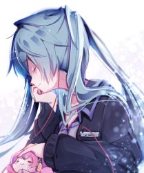 Rule 34 | 2girls, :&gt;, aqua hair, bad id, bad twitter id, blue jacket, blush stickers, breast pocket, cable, closed eyes, commentary, hand on own chin, hatsune miku, headpat, headphones, jacket, light particles, long hair, media player interface, megurine luka, multiple girls, pink hair, pocket, takoluka, twintails, upper body, vocaloid, wanaxtuco