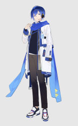 Rule 34 | 1boy, absurdres, black pants, black shirt, blue hair, blue scarf, closed mouth, full body, grey background, headphones, headset, heiwa (murasiho), highres, jacket, kaito (vocaloid), long sleeves, looking at viewer, male focus, microphone, pants, safety pin, scarf, shirt, shoes, simple background, smile, sneakers, solo, strap, vocaloid, white footwear, white jacket