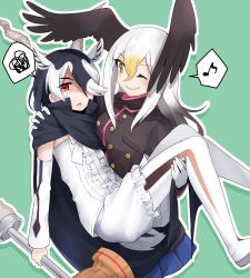 Rule 34 | 2girls, antelope ears, antelope horns, bald eagle (kemono friends), bird wings, black cape, black hair, blackbuck (kemono friends), blonde hair, blue skirt, bow, bowtie, brown hair, brown jacket, cape, carrying, center frills, commentary request, detached sleeves, extra ears, frilled shorts, frills, hair between eyes, hair over one eye, head wings, high collar, highres, isobee, jacket, kemono friends, long hair, long sleeves, multicolored hair, multiple girls, musical note, one eye closed, pantyhose, pleated skirt, polearm, princess carry, red eyes, shorts, sidelocks, skirt, spear, spoken musical note, spoken squiggle, squiggle, sweatdrop, two-tone hair, uniform, vest, weapon, white hair, white legwear, white neckwear, white shorts, white sleeves, white vest, wings, yellow eyes
