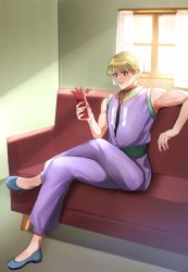 Rule 34 | 1boy, absurdres, ayuyaki, bare shoulders, blonde hair, couch, crossed legs, full body, highres, holding, holding phone, hunter x hunter, male focus, on couch, phone, shalnark, short hair, sitting, smile, solo, sunlight, themed object, toned, toned male, window