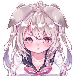Rule 34 | 1girl, absurdres, ahoge, animal ears, azur lane, blunt bangs, blush, braid, breasts, cleavage, collarbone, commentary request, crying, crying with eyes open, ear down, eyes visible through hair, from above, highres, long hair, looking at viewer, looking up, parted lips, paw print, school uniform, serafuku, short sleeves, sidelocks, silver hair, simple background, single braid, slit pupils, solo, tears, thick eyebrows, white background, wolf ears, wuhuo, yellow eyes, yuudachi (azur lane)