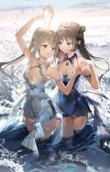 Rule 34 | 2girls, anmi, arm up, bare shoulders, blue dress, blue eyes, braid, breasts, brown hair, cleavage, closed mouth, dancing, day, dress, hair ornament, hair rings, highres, holding hands, looking at another, medium breasts, multiple girls, ocean, open mouth, original, outdoors, ponytail, sky, smile, standing, twin braids, wading, water, wet