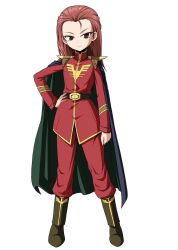 Rule 34 | 1girl, alternate hairstyle, black cape, black footwear, boots, brown eyes, cape, char aznable, char aznable (cosplay), closed mouth, commission, cosplay, epaulettes, full body, girls und panzer, gundam, hair slicked back, hand on own hip, highres, jacket, kadotani anzu, kamishima kanon, long hair, long sleeves, looking at viewer, military, military uniform, mobile suit gundam, pants, red hair, red jacket, red pants, simple background, skeb commission, smile, solo, standing, uniform, white background