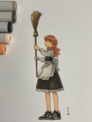 Rule 34 | 1girl, alternate footwear, apron, art tools in frame, back bow, black footwear, black skirt, black vest, blonde hair, bow, broom, buttons, closed mouth, frilled skirt, frills, from side, full body, hands up, highres, holding, holding broom, kirisame marisa, long hair, long sleeves, looking up, marker, marker (medium), nike (company), photo (medium), red ribbon, ribbon, shiratama (hockey), shirt, shoes, signature, skirt, sneakers, solo, standing, touhou, traditional media, translated, turtleneck, two-tone footwear, vest, waist apron, white apron, white footwear, white shirt, yellow eyes