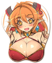 Rule 34 | 10s, 1girl, :d, anneroze siryou, bad id, bad pixiv id, bare shoulders, blush, bracelet, breast mousepad, breasts, cleavage, earrings, fang, horns, jewelry, large breasts, long hair, mel/a, mousepad, mousepad (medium), open mouth, orange hair, pointy ears, shingeki no bahamut, shiny skin, sketch, smile, solo, unfinished, yellow eyes