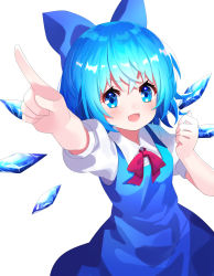 Rule 34 | 1girl, :d, arm up, blue bow, blue dress, blue eyes, blue hair, blue wings, blush, bow, cirno, collared shirt, detached wings, dress, hair between eyes, hair bow, highres, ice, ice wings, looking at viewer, open mouth, outstretched arm, pointing, puffy short sleeves, puffy sleeves, red bow, shirt, short sleeves, simple background, sleeveless, sleeveless dress, smile, solo, touhou, v-shaped eyebrows, white background, white shirt, wings, yuujin (yuzinn333)