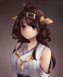Rule 34 | 10s, 1girl, ahoge, aiguillette, bad id, bare shoulders, brown background, brown hair, closed mouth, collarbone, detached sleeves, double bun, expressionless, eyebrows, headgear, highres, japanese clothes, kantai collection, kimono, kongou (kancolle), long hair, long sleeves, looking at viewer, neit ni sei, nontraditional miko, purple eyes, simple background, solo, upper body