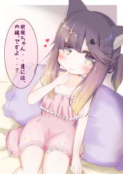 Rule 34 | 1girl, animal ear fluff, animal ears, bare arms, bare shoulders, bed sheet, blush, brown hair, cat ears, cat hair ornament, closed mouth, collarbone, commentary request, dress, finger to mouth, frilled dress, frilled pillow, frills, gradient hair, hair ornament, hairclip, heart, highres, kantai collection, kemonomimi mode, multicolored hair, pillow, pink dress, purple eyes, purple hair, ridy (ri sui), shushing, sitting, smile, solo, strapless, strapless dress, translation request, tsushima (kancolle)