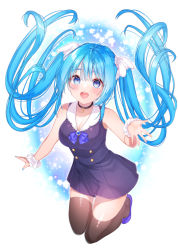 Rule 34 | 1girl, :d, bare shoulders, black choker, blue dress, blue eyes, blue footwear, blue hair, blue nails, blush, breasts, brown thighhighs, chitetan, choker, cleavage, collarbone, collared dress, commentary request, dress, floating hair, full body, hair between eyes, hand up, long hair, medium breasts, nail polish, open mouth, original, shoes, sleeveless, sleeveless dress, smile, solo, thighhighs, twintails, very long hair, wrist cuffs