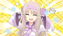 Rule 34 | 1girl, ainu clothes, bear, blush, bow, breasts, chibi, closed eyes, double v, emotional engine - full drive, fate/grand order, fate (series), fingerless gloves, gloves, hair between eyes, hair tubes, hairband, hands up, light brown hair, long hair, long sleeves, looking at viewer, open mouth, parody, polar bear, purple bow, purple gloves, purple hairband, purple scarf, scarf, shirou (bear) (fate), sidelocks, sitonai (fate), small breasts, smile, snowflakes, sparkle, suezu1022, sunburst, sunburst background, v, wide sleeves, yellow background