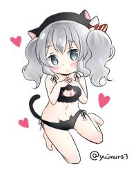 Rule 34 | 10s, 1girl, animal hat, bad id, bad twitter id, bell, beret, blush, breasts, cat lingerie, cat tail, cleavage, cleavage cutout, clothing cutout, collar, eyebrows, grey eyes, hair between eyes, hat, heart, interlocked fingers, kantai collection, kashima (kancolle), large breasts, looking at viewer, meme attire, neck bell, sidelocks, silver hair, solo, tail, tsurime, twintails, twitter username, wavy hair, yuimura3