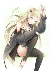 Rule 34 | 1girl, armpit peek, barefoot, black thighhighs, blonde hair, blush, braid, breasts, choker, cleavage, coat, collarbone, covered navel, cowboy shot, dated, dress, earrings, feet, french braid, girls&#039; frontline, grey coat, grey eyes, hair ornament, hand on own knee, hand up, head tilt, highres, index finger raised, jewelry, k5 (girls&#039; frontline), knee up, large breasts, light particles, long hair, looking at viewer, no shoes, off shoulder, open clothes, open coat, open dress, paint splatter, pouch, see-through, sidelocks, signature, simple background, sitting, skindentation, smile, solo, strap, superman3go, swept bangs, thigh strap, thighhighs, thighs, toeless legwear