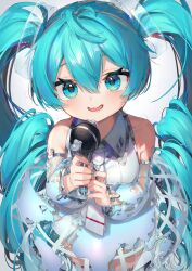 Rule 34 | 1girl, ahoge, aqua eyes, aqua hair, collared dress, commentary, curly hair, detached sleeves, dress, gunjou row, hair between eyes, hands up, hatsune miku, hatsune miku expo, highres, holding, holding microphone, long hair, microphone, nail polish, necktie, open mouth, solo, twintails, very long hair, vocaloid