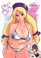 Rule 34 | 2girls, bikini, blonde hair, blue eyes, breasts, cleavage, hat, highres, japanese text, large breasts, momoko (kof), multiple girls, purple eyes, rocohisaya, shijou hinako, small breasts, snk, swimsuit, tan, the king of fighters, twintails day