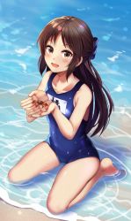 Rule 34 | 1girl, :d, animal, barefoot, beach, black bow, black hair, blue bow, blue one-piece swimsuit, blush, bow, breasts, brown eyes, brown hair, caustics, character name, collarbone, commentary request, covered navel, crab, cupping hands, day, giving, hair bow, half updo, hands up, happy, highres, holding, holding animal, idolmaster, idolmaster cinderella girls, long hair, looking at viewer, name tag, new school swimsuit, ocean, on ground, one-piece swimsuit, open hands, open mouth, outdoors, own hands together, parted bangs, partially submerged, school swimsuit, sideboob, sidelocks, sitting, small breasts, smile, solo, spread legs, straight hair, swimsuit, tachibana arisu, thighs, wariza, water, wet, wet clothes, wet swimsuit, z.nov
