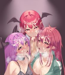 Rule 34 | 1boy, 3girls, :&gt;=, blush, breasts, censored, cleavage, commission, cooperative fellatio, crossover, cum, cum in mouth, cum on body, cum on breasts, cum on hair, cum on upper body, doitsuudon, facial, fellatio, gradient background, hair between eyes, half-closed eyes, head wings, hetero, itadaki! seieki, koakuma, large breasts, lilith (rabi-ribi), long hair, looking at viewer, mosaic censoring, multiple girls, open mouth, oral, penis, pink eyes, pink hair, pointy ears, pov, purple eyes, rabi-ribi, red hair, setogaya mari, simple background, skeb commission, tongue, tongue out, touhou, trait connection, wings