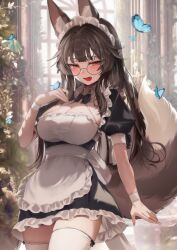 Rule 34 | 1girl, animal ear fluff, animal ears, apron, breasts, brown hair, bug, butterfly, cleavage, commentary, fang, fingernails, glasses, highres, insect, long hair, looking at viewer, maid, maid apron, maid headdress, medium breasts, open mouth, original, puffy short sleeves, puffy sleeves, round eyewear, short sleeves, standing, tail, thighhighs, thighs, white apron, white thighhighs, window, zerocat