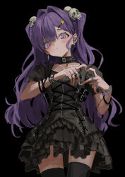Rule 34 | 1girl, absurdres, black background, black choker, black dress, black thighhighs, blush, bracelet, breasts, buckle, center cross lace, chain, chain bracelet, choker, cross, cross-laced clothes, cross earrings, dress, ear piercing, earrings, frilled dress, frills, from below, gishiki (gshk), goth fashion, gothic lolita, hair between eyes, hair intakes, hair ornament, hairclip, heart, heart hands, highres, jewelry, lolita fashion, long hair, looking at viewer, multiple rings, original, piercing, puffy short sleeves, puffy sleeves, purple eyes, purple hair, ring, short sleeves, skull hair ornament, small breasts, solo, star (symbol), star hair ornament, thighhighs, two side up, zettai ryouiki, zipper