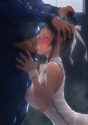 Rule 34 | 1boy, 1girl, bare shoulders, black hair, blush, breasts, censored, closed eyes, cum, cum in mouth, deepthroat, embarrassed, fellatio, from side, full-face blush, grabbing another&#039;s hair, hair between eyes, hand on another&#039;s head, hetero, high ponytail, highres, isshiki ichika, large breasts, long hair, maketara omae, hitoban ore no omocha na, mosaic censoring, murakami suigun, nipples, one side up, oral, original, penis, see-through, simple background, sitting, sleeveless, sportswear, standing, sweat, tears, tennis uniform, upper body