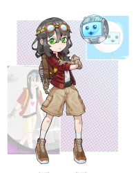 Rule 34 | 1girl, :3, :|, backpack, bag, balancetheball, belt, black belt, black hair, brown footwear, clenched hand, closed mouth, commentary, english commentary, floating, full body, goggles, goggles on head, green eyes, highres, jacket, long hair, looking at viewer, open clothes, open jacket, orb, original, red jacket, reference inset, robot, rope, shirt, shoes, shorts, sidelocks, signature, sneakers, socks, standing, v-shaped eyebrows, white shirt, white socks