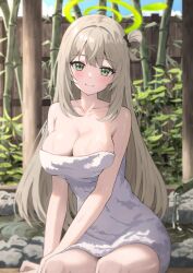 Rule 34 | 1girl, arm support, bamboo, bare shoulders, bekkuro, blue archive, blush, breasts, cleavage, collarbone, hair bun, halo, highres, large breasts, light brown hair, looking at viewer, naked towel, nonomi (blue archive), outdoors, single side bun, sitting, smile, solo, towel, white towel