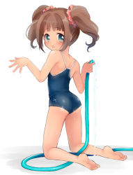 Rule 34 | 10s, 1girl, ass, bad id, bad pixiv id, bandai namco, bare shoulders, barefoot, blue eyes, brown hair, casual one-piece swimsuit, feet, from behind, full body, hose, idolmaster, idolmaster (classic), idolmaster cinderella girls, kneeling, looking back, melompan, one-piece swimsuit, plantar flexion, scrunchie, simple background, solo, swimsuit, takatsuki yayoi, twintails, wedgie, wet