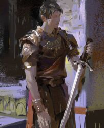Rule 34 | 1boy, armor, art study, belt, black hair, breastplate, brown hair, closed mouth, commentary, cowboy shot, earrings, english commentary, faux traditional media, highres, holding, holding sword, holding weapon, jewelry, male focus, original, outdoors, painterly, pauldrons, short hair, short sleeves, shoulder armor, sketch, soldier, solo, standing, sword, tunic, vambraces, weapon, yuming li