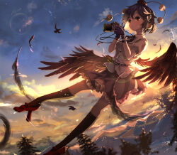 Rule 34 | 1girl, bird wings, black feathers, black hair, black skirt, black thighhighs, black wings, camera, closed mouth, collared shirt, commentary, feathers, frilled skirt, frills, full body, geta, hat, highres, holding, holding camera, looking at viewer, mountain, outdoors, pom pom (clothes), red footwear, red hat, shameimaru aya, shirt, short hair, skirt, sky, smile, solo, sunset, symbol-only commentary, tami (joemanyodw), tengu-geta, thighhighs, tokin hat, touhou, white shirt, wings