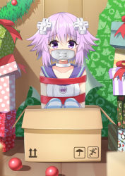 Rule 34 | 1girl, blush, box, choker, christmas, collarbone, d-pad, d-pad hair ornament, gagged, gift, hair between eyes, hair ornament, hood, hooded jacket, ikazu401, in box, in container, indoors, jacket, knees up, looking at viewer, neptune (neptunia), neptune (series), purple eyes, purple hair, red ribbon, restrained, ribbon, short hair, sitting, sleeveless, sleeveless jacket, solo, striped clothes, striped thighhighs, thighhighs, white choker