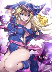 Rule 34 | &gt;:d, 1girl, :d, absurdres, bare shoulders, blonde hair, blue eyes, blue footwear, blue gloves, blurry, blush, blush stickers, boots, breasts, choker, commentary request, dark magician girl, depth of field, duel monster, fingerless gloves, gloves, hat, highres, holding, holding staff, large breasts, long hair, looking at viewer, magical hats (yu-gi-oh!), maruchi, open mouth, pentacle, revision, smile, solo, staff, thighs, v-shaped eyebrows, wizard hat, yu-gi-oh!, yu-gi-oh! duel monsters