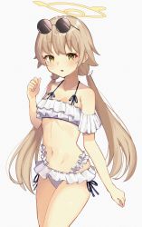 Rule 34 | 1girl, alternate costume, bao (s 888), bikini, blue archive, breasts, cleavage, collarbone, frilled bikini, frills, halo, hifumi (blue archive), hifumi (swimsuit) (blue archive), highres, light brown hair, long hair, looking at viewer, low twintails, navel, open mouth, simple background, small breasts, solo, sunglasses, swimsuit, twintails, white background, white bikini