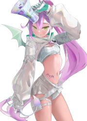 Rule 34 | 1girl, absurdres, aqua gloves, blush, breasts, cleavage, demon girl, demon tail, demon wings, gloves, green eyes, heart, heart tattoo, highres, hip tattoo, holding, holding megaphone, holding own tail, hololive, long hair, maria (ssmari e), megaphone, multicolored hair, navel piercing, official alternate costume, piercing, pink hair, pointy ears, ponytail, purple hair, shorts, small breasts, smile, streaked hair, tail, tattoo, thigh strap, tokoyami towa, tokoyami towa (5th costume), two-sided gloves, very long hair, virtual youtuber, white gloves, white shorts, white shrug, winged heart tattoo, wings