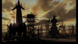 Rule 34 | 1990s (style), airport, artist request, cloud, dusk, evening, launch pad, lights, no humans, non-web source, outlaw star, radio tower, realistic, retro artstyle, scenery, science fiction, screencap, sky, skyline, spacecraft, sunset, wallpaper